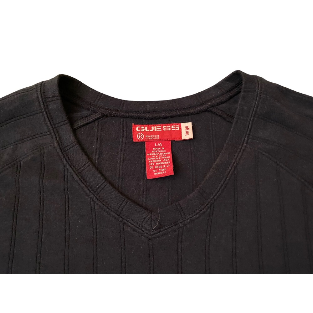Guess Mens Large Black Ribbed V-Neck Raglan Short Sleeve T-Shirt Knit Top - Picture 7 of 12